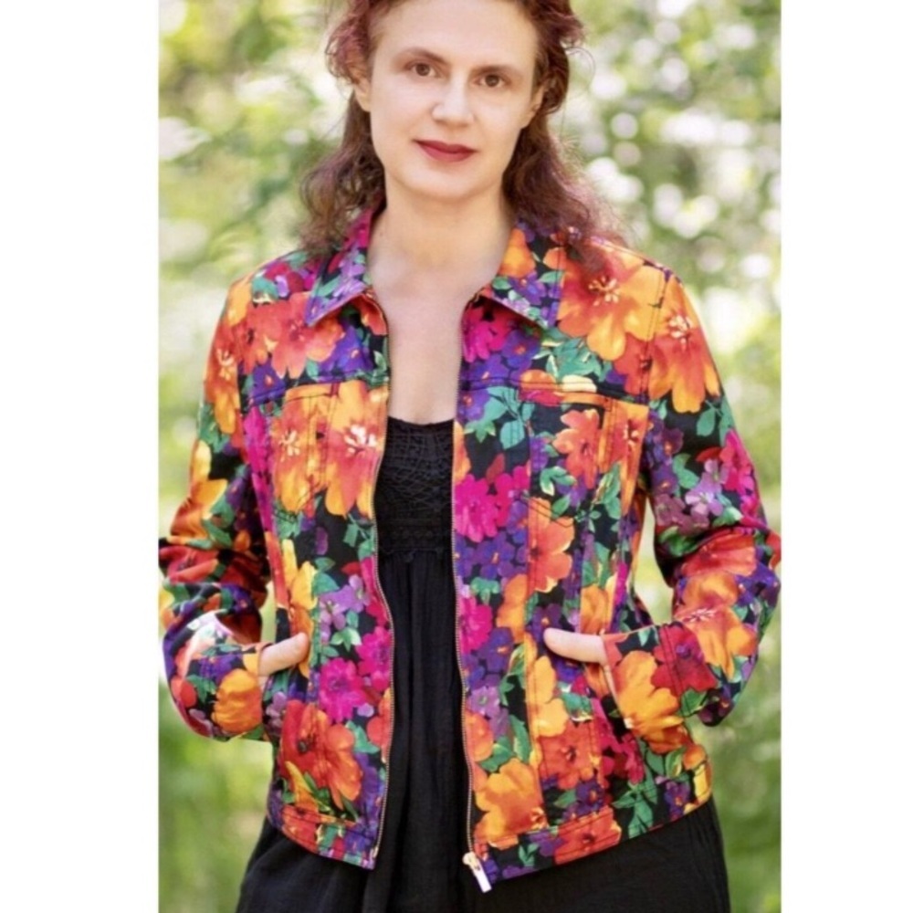 Jones NY Signature Petite Stretch Full Zip Jacket Size PM Vivid Floral Design